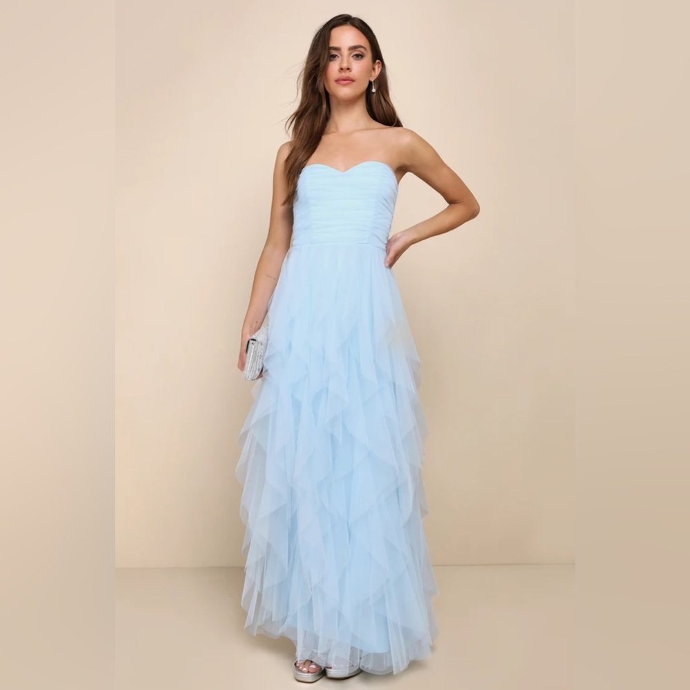 LULUS | Delightful Beauty Blue Mesh Strapless Ruched Ruffled Maxi Dress